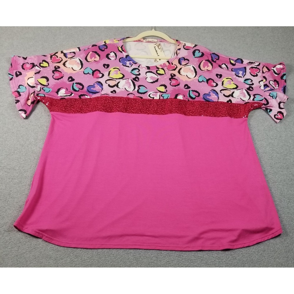 NEW Southern Stitch Tunic Top Women's 3XL Pink Heart Sequin Short Sleeve Stretch